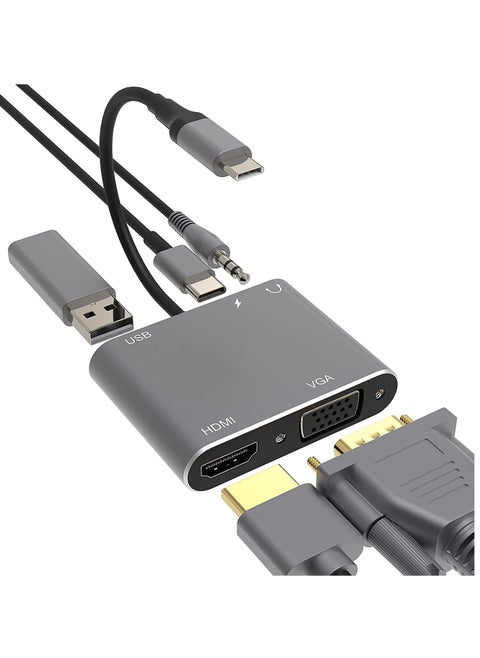 USB C Hub Adapter Multiport 5 in 1 VGA to HDMI Adapter with 4K HDMI, VGA, 100W Power Delivery, USB 3.0 Data Ports,3.5mm Audio/Microphone Port, HDMI to VGA Compatible with MacBook Air, XPS
