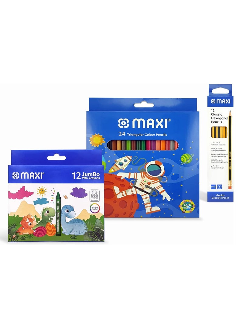 ماكسي اقلام تلوين مكونة من 24 لونًا + اقلام شمع جامبو 12 لونًا + قلم رصاص جرافيت اتش بي 12 قطعة، ارسم اللون أو قم بالتزيين مع هذه المجموعة المذهلة - Image 1