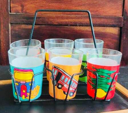 A Krazy Mug Colourful Designer Hand Crafted Traditional Tapri Tea Coffee Glasses with Iron Container Stand Holder (Multicolor, Set of 6, 90ml) - Image 4