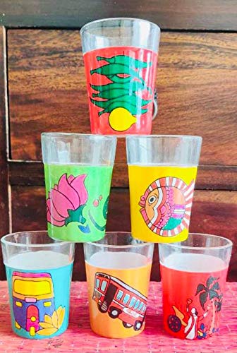 A Krazy Mug Colourful Designer Hand Crafted Traditional Tapri Tea Coffee Glasses with Iron Container Stand Holder (Multicolor, Set of 6, 90ml) - Image 2