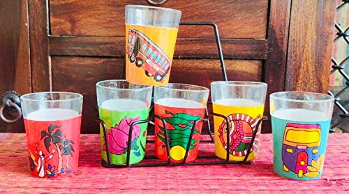 A Krazy Mug Colourful Designer Hand Crafted Traditional Tapri Tea Coffee Glasses with Iron Container Stand Holder (Multicolor, Set of 6, 90ml) - Image 3