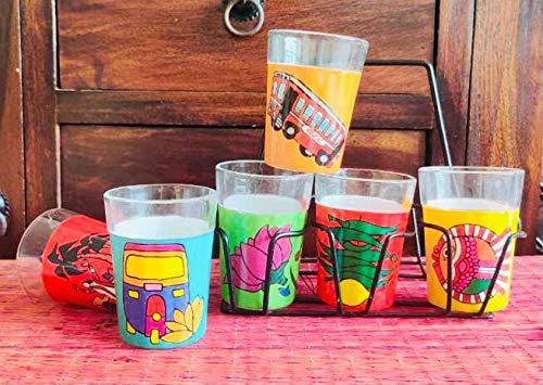 A Krazy Mug Colourful Designer Hand Crafted Traditional Tapri Tea Coffee Glasses with Iron Container Stand Holder (Multicolor, Set of 6, 90ml) - Image 5