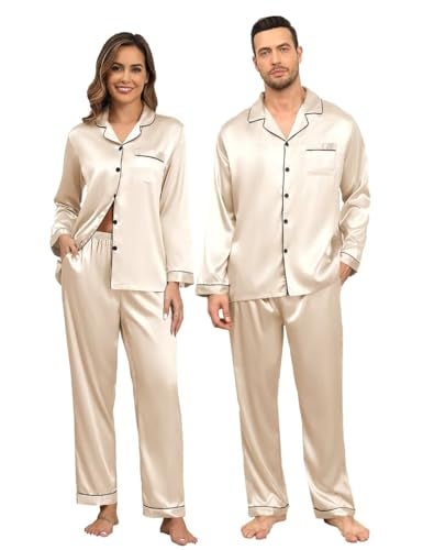 YOZLY Couple Matching Pajamas Set Satin Button Down Silky Sleepwear Long Sleeve Loungewear 2 Pcs Pj Set S-2XL with Pockets Men Champagne Small - Image 1