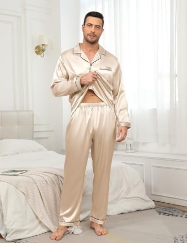 YOZLY Couple Matching Pajamas Set Satin Button Down Silky Sleepwear Long Sleeve Loungewear 2 Pcs Pj Set S-2XL with Pockets Men Champagne Small - Image 3