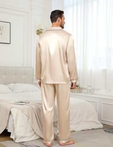 YOZLY Couple Matching Pajamas Set Satin Button Down Silky Sleepwear Long Sleeve Loungewear 2 Pcs Pj Set S-2XL with Pockets Men Champagne Small - Image 5