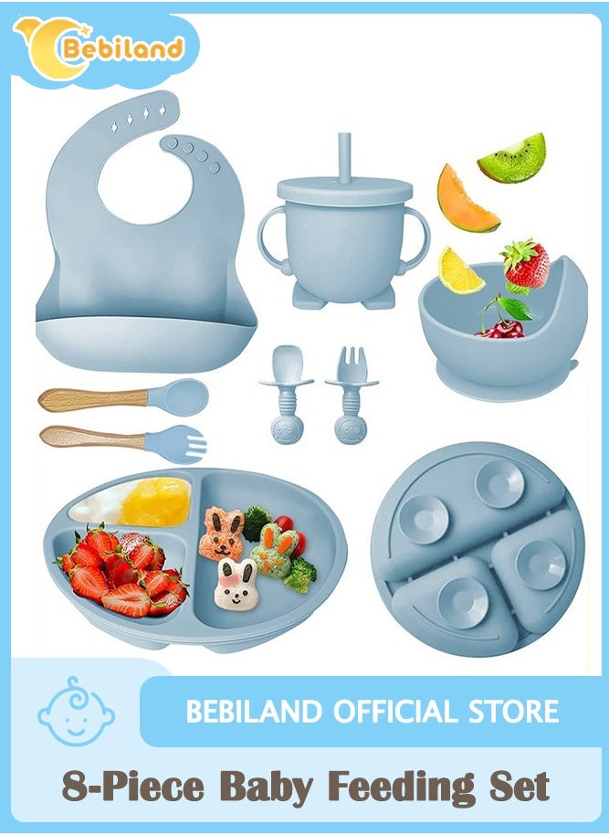 Bebiland 8-Piece Durable Baby Feeding Set, Dishwasher Safe BPA Free Led Weaning Supplies for Toddlers with SIlicone Bib, Sippy Cup, Forks, Spoons, Suction Bowl and Plate, Blue  - Image 1