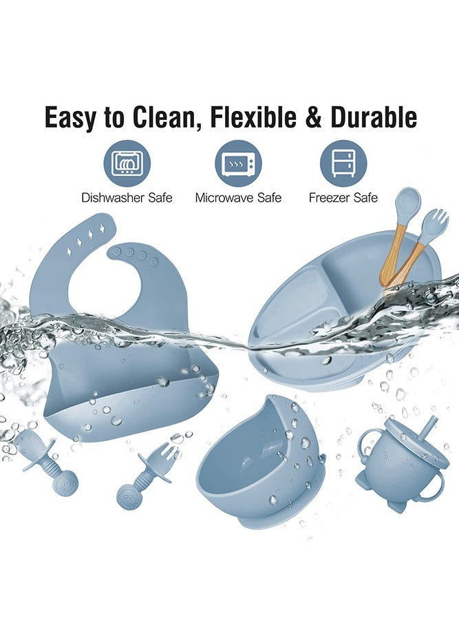 Bebiland 8-Piece Durable Baby Feeding Set, Dishwasher Safe BPA Free Led Weaning Supplies for Toddlers with SIlicone Bib, Sippy Cup, Forks, Spoons, Suction Bowl and Plate, Blue  - Image 3