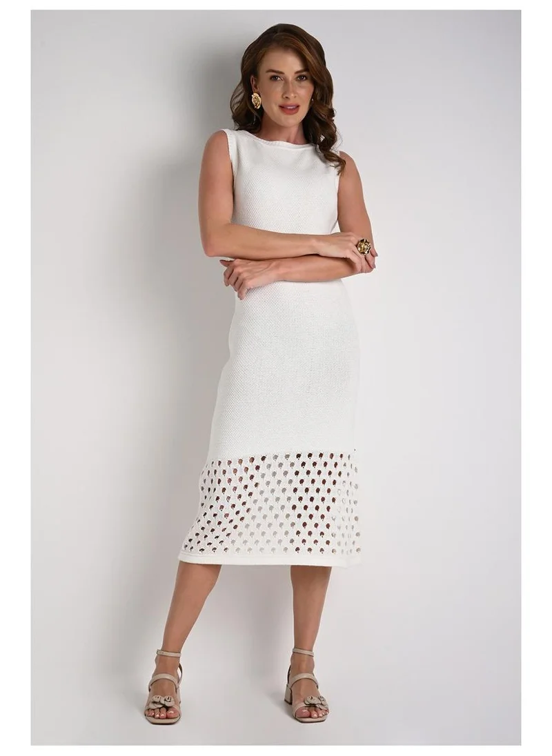 Midi Dress with Openwork Hem Off-White