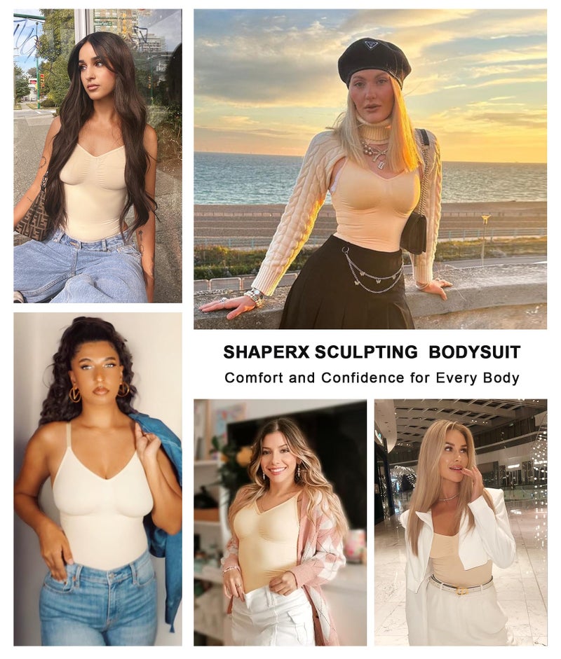 SHAPERX Women's Seamless Shapewear Bodysuit Tummy Control Body Shaper Sculpting Snatched Waist Body Suit，SZ5215-Beige-S/M - Image 4