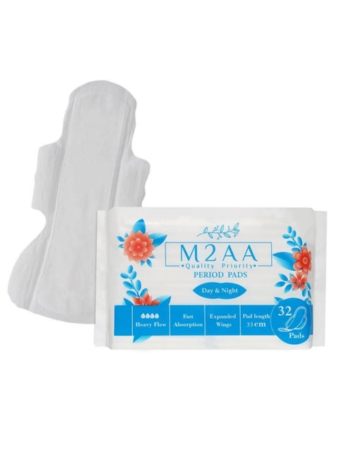 32Pcs Period Pads 33cm Long Day & Night Sanitary Napkins, Large size Pads wide wings