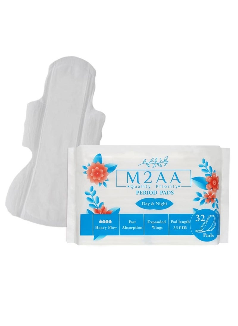 32Pcs Period Pads 33cm Long Day & Night Sanitary Napkins, Large size Pads wide wings