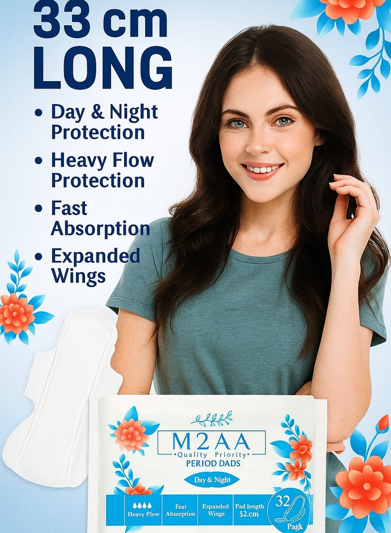 إم تو إيه إيه ٣٢ قطعة من الفوط الصحية الكبيرة الحجم | مناديل صحية نهارية وليلية بأجنحة عريضة لحماية التدفق الثقيل - Image 3
