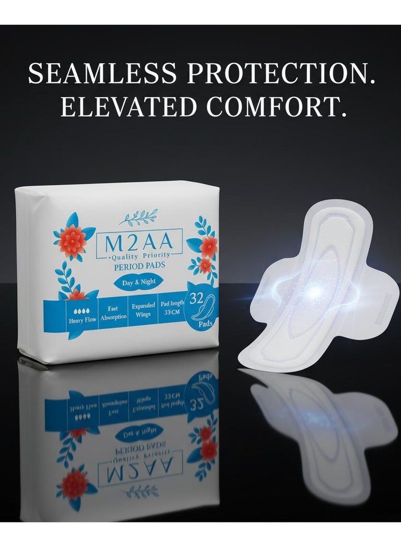 إم تو إيه إيه ٣٢ قطعة من الفوط الصحية الكبيرة الحجم | مناديل صحية نهارية وليلية بأجنحة عريضة لحماية التدفق الثقيل - Image 4