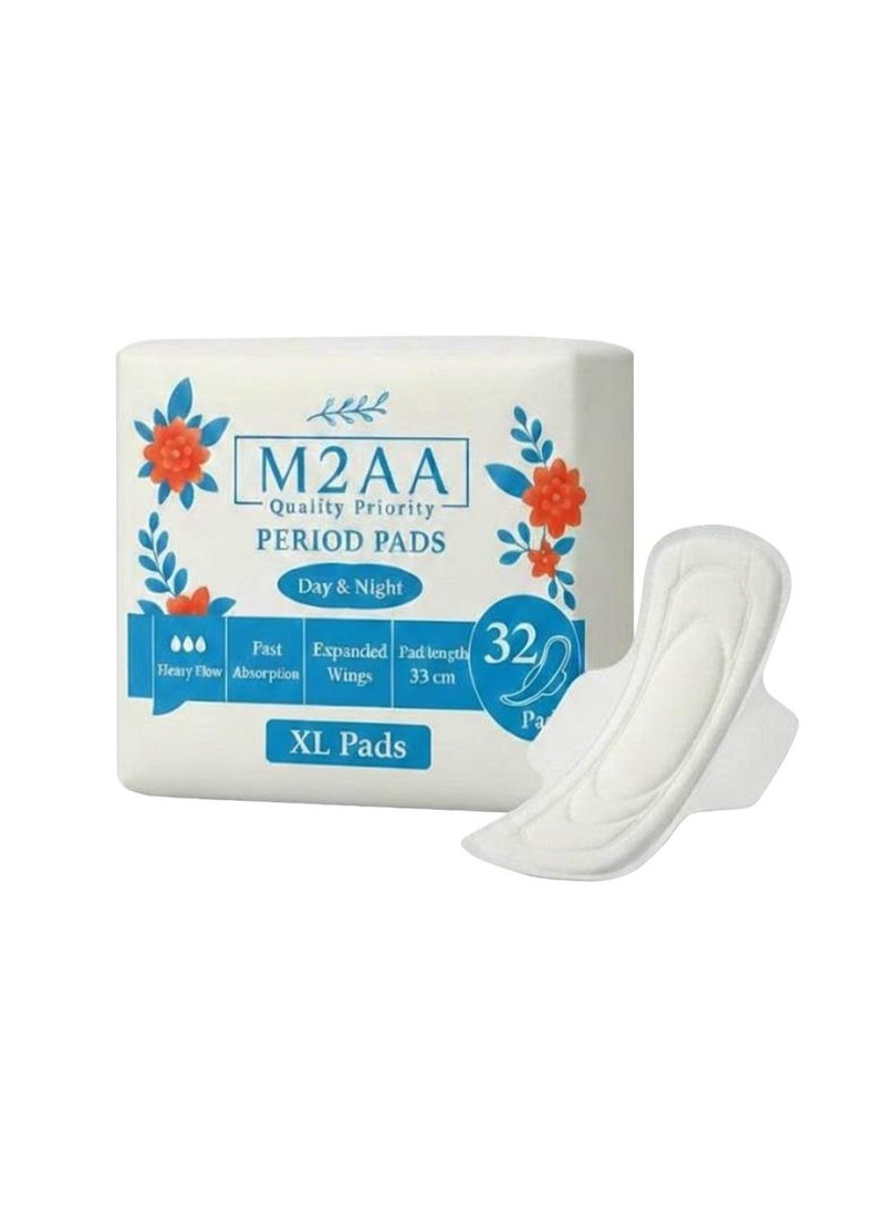 إم تو إيه إيه ٣٢ قطعة من الفوط الصحية الكبيرة الحجم | مناديل صحية نهارية وليلية بأجنحة عريضة لحماية التدفق الثقيل - Image 1