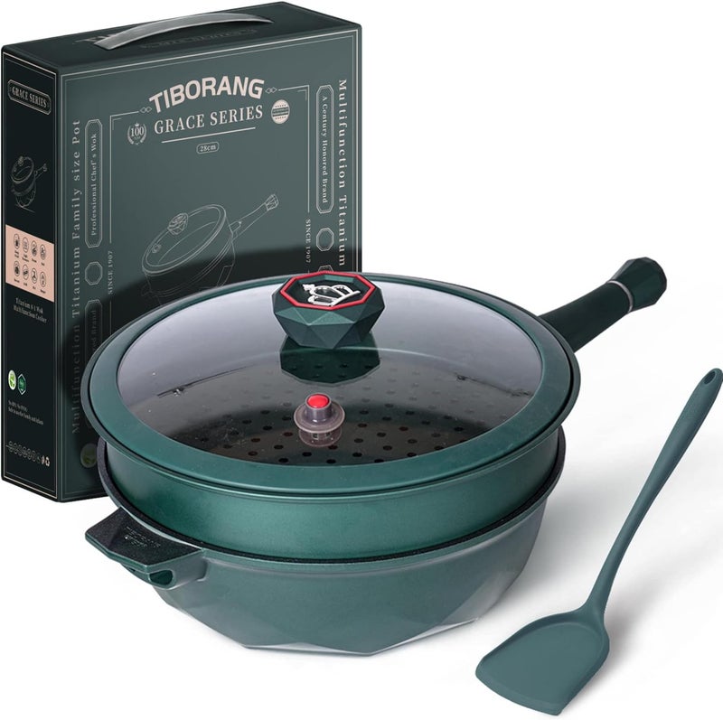 TIBORANG 8 in 1 Nonstick Deep Frying Pan with Glass Lid, 11 Inch Large Skillet with Steamed Grid, PFOA-Free, Dishwasher&Oven Safe, Wok with All Stovetops(Green) - Image 1