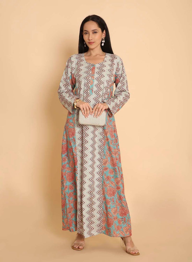 HANA & SARA Traditional printed long arabic kaftan jalabiya dress for women - Image 1