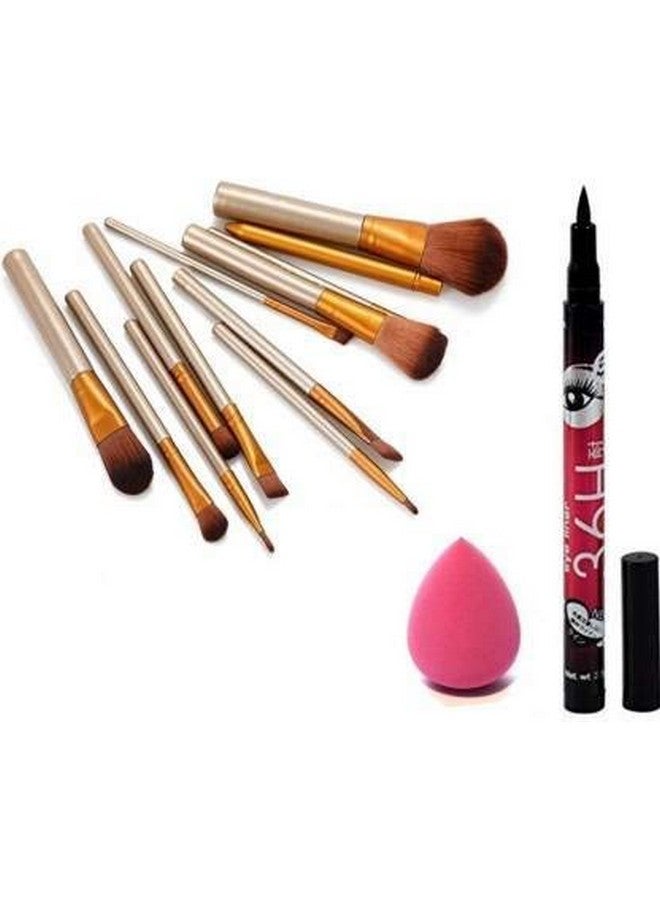 LELE Makeup Brushes Kit Set Of 12 With A Silver Storage Box And One Sponge Puff And One 36H Eyeliner - Image 1