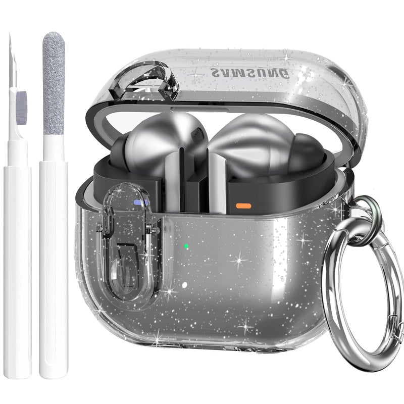 OTOPO Compatible with Samsung Galaxy Bud 3 Pro Case/Buds3/Buds 3 FE Case Clear Lock Clip with Cleaner Kit, Transparent TPU Galaxy Buds Pro 3 Protective Cover Men Women with Carabiner, Glitter Black - Image 1
