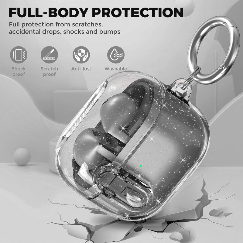 OTOPO Compatible with Samsung Galaxy Bud 3 Pro Case/Buds3/Buds 3 FE Case Clear Lock Clip with Cleaner Kit, Transparent TPU Galaxy Buds Pro 3 Protective Cover Men Women with Carabiner, Glitter Black - Image 2