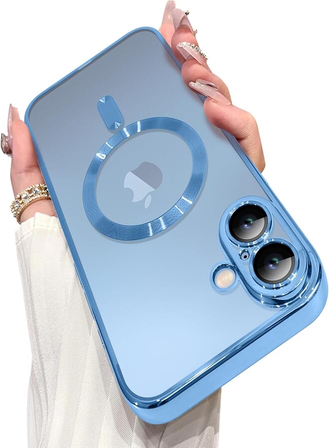 OOK Magnetic Case Made for iPhone 16 (6.1 Inch) [Built-in Camera Lens Protector] [Compatible with MagSafe] Soft TPU Anti-Scratch Shockproof Protective Slim Clear Case for Women Men - Blue