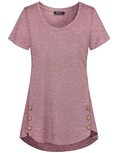 connche Latched Mama Nursing Tops, Quinee Women Scoop Neck Short Sleeve Button Side T Shirts for Breastfeeding Handkerchief Hem Silky Soft Chic Durable Spring Lovely Tunic Rose Red L - Image 2