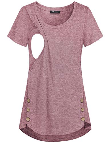 connche Latched Mama Nursing Tops, Quinee Women Scoop Neck Short Sleeve Button Side T Shirts for Breastfeeding Handkerchief Hem Silky Soft Chic Durable Spring Lovely Tunic Rose Red L - Image 1