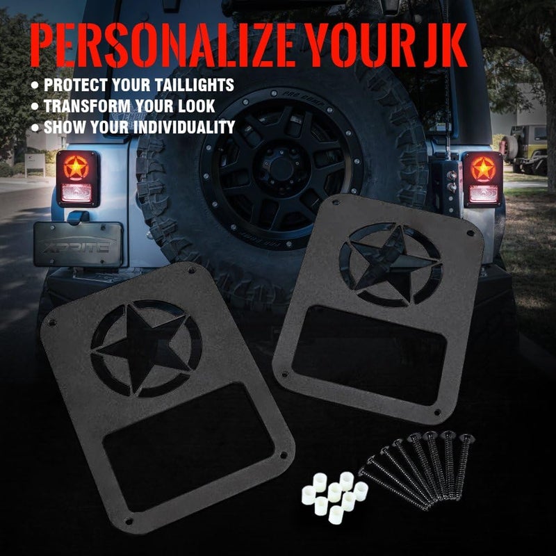 Xprite Tail Light Covers for 2007-2018 Jeep Wrangler JK, Matte Black Tail Light Guards American Military Five Star No Drill Fit 2/4 Door Wrangler JK Off Road Accessories- Pair - Image 2