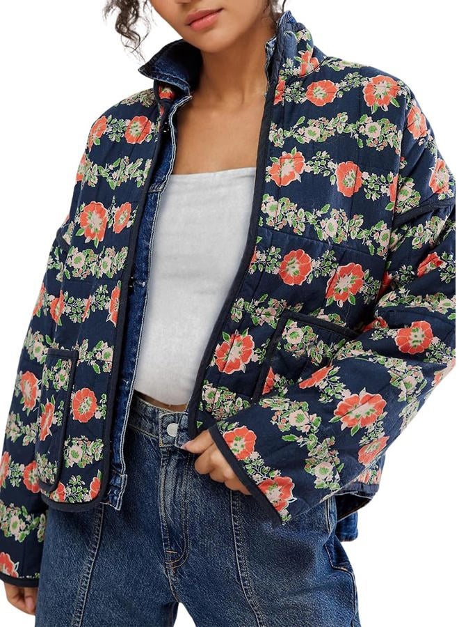 Omoone Women's Cropped Quilted Jacket Floral Printed LightWeight Padded Puffer Cardigan Coat Outwear, Dark Blue, XL - Image 1