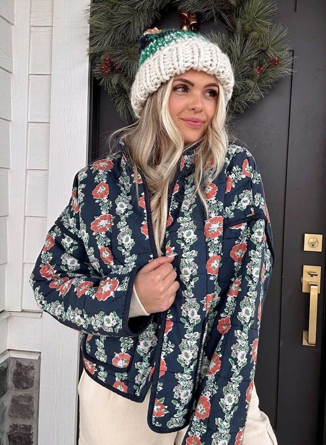 Omoone Women's Cropped Quilted Jacket Floral Printed LightWeight Padded Puffer Cardigan Coat Outwear, Dark Blue, XL - Image 2