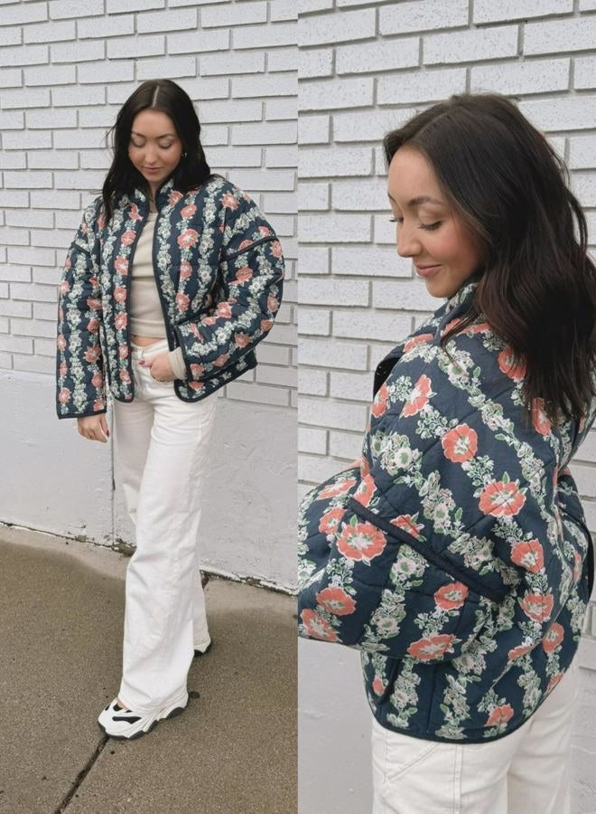 Omoone Women's Cropped Quilted Jacket Floral Printed LightWeight Padded Puffer Cardigan Coat Outwear, Dark Blue, XL - Image 5