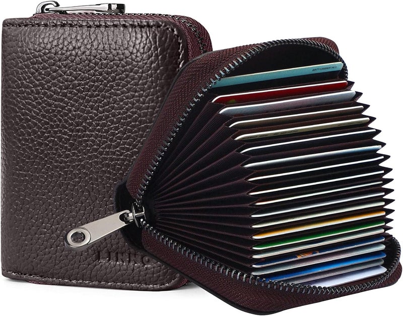 Linno RFID 20 Slots Credit Card Holder Genuine Leather Small Wallet for Women or Men with Zipper - Image 1