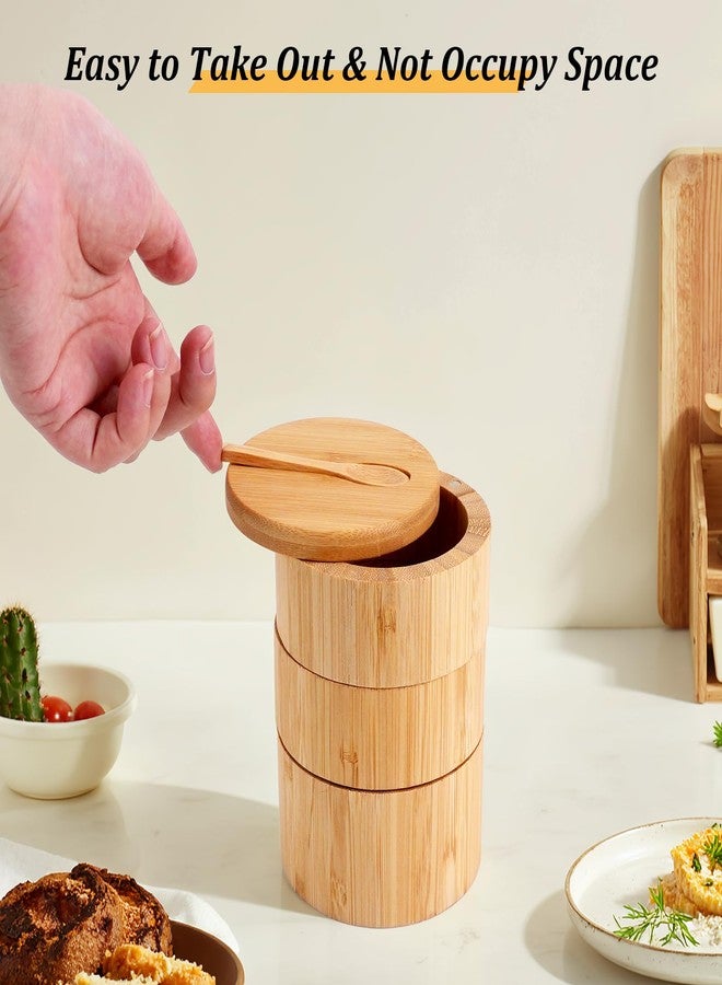 JIABEIUS Bamboo Salt Box with Swivel Lid and Spoon, 3-Tier Salt Cellar Containers with 8pcs Label Stickers, Wooden Spice Jars for Kitchen to Storage Pepper, Sugar, Herbs, Seasonings - Image 4