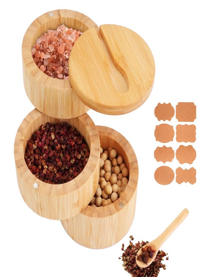 JIABEIUS Bamboo Salt Box with Swivel Lid and Spoon, 3-Tier Salt Cellar Containers with 8pcs Label Stickers, Wooden Spice Jars for Kitchen to Storage Pepper, Sugar, Herbs, Seasonings - Image 1
