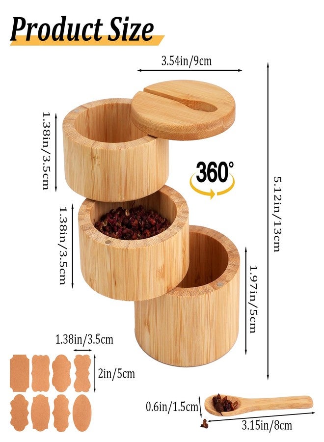 JIABEIUS Bamboo Salt Box with Swivel Lid and Spoon, 3-Tier Salt Cellar Containers with 8pcs Label Stickers, Wooden Spice Jars for Kitchen to Storage Pepper, Sugar, Herbs, Seasonings - Image 2