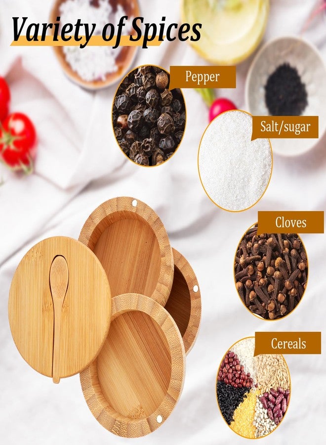 JIABEIUS Bamboo Salt Box with Swivel Lid and Spoon, 3-Tier Salt Cellar Containers with 8pcs Label Stickers, Wooden Spice Jars for Kitchen to Storage Pepper, Sugar, Herbs, Seasonings - Image 3