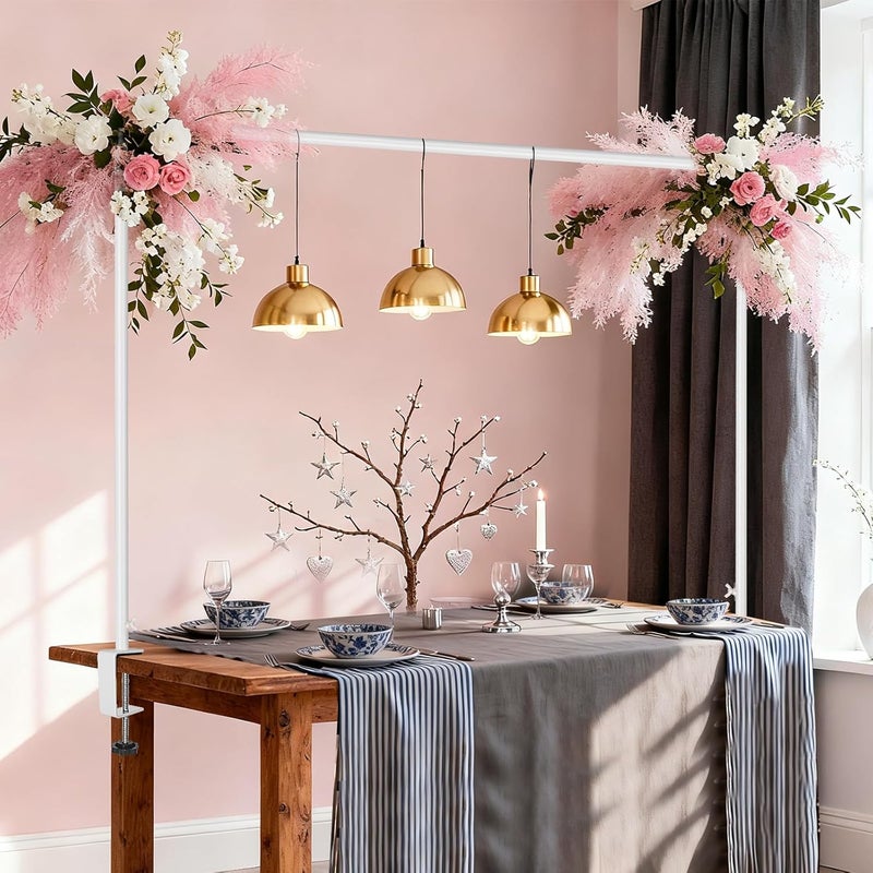 JEBUTU Over The Table Rod Stand with Clamps Adjustable 30"-43" Tall 47"-98" Length White Table Arch Hanging for Wedding Birthday Party Halloween Christmas - Image 1