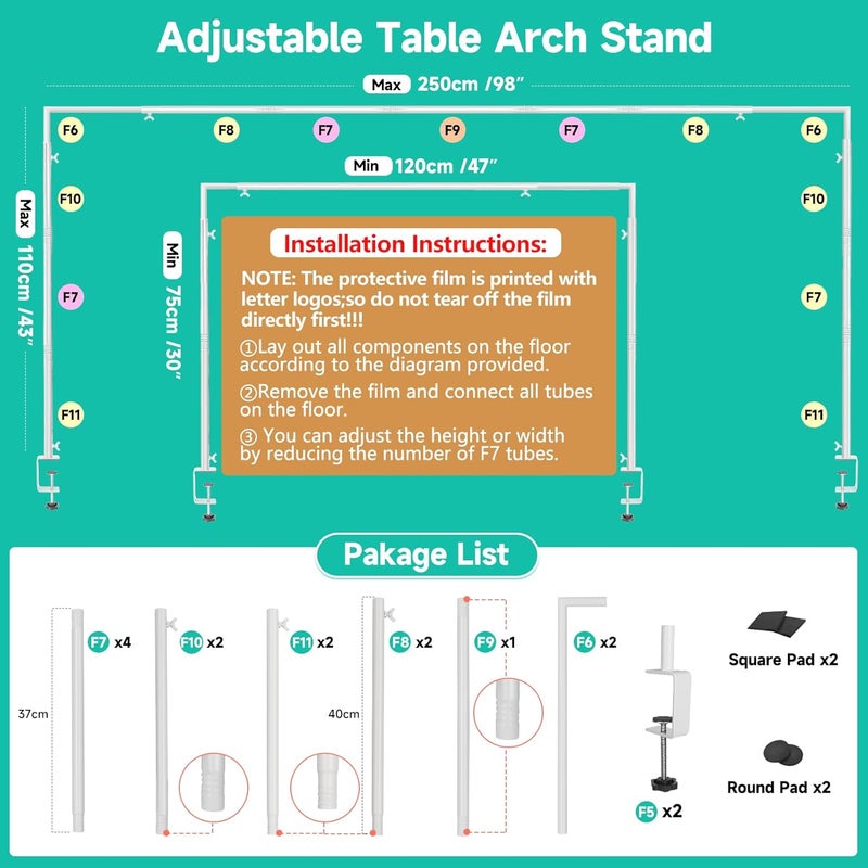 JEBUTU Over The Table Rod Stand with Clamps Adjustable 30"-43" Tall 47"-98" Length White Table Arch Hanging for Wedding Birthday Party Halloween Christmas - Image 4