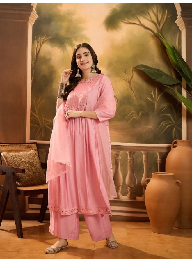AKS Powder Pink A-Line Kurta With Mirror Work On Dupatta  - Image 4