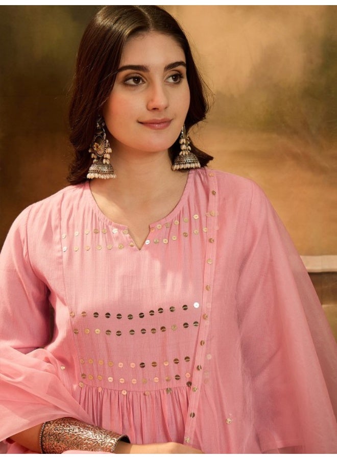 AKS Powder Pink A-Line Kurta With Mirror Work On Dupatta  - Image 2