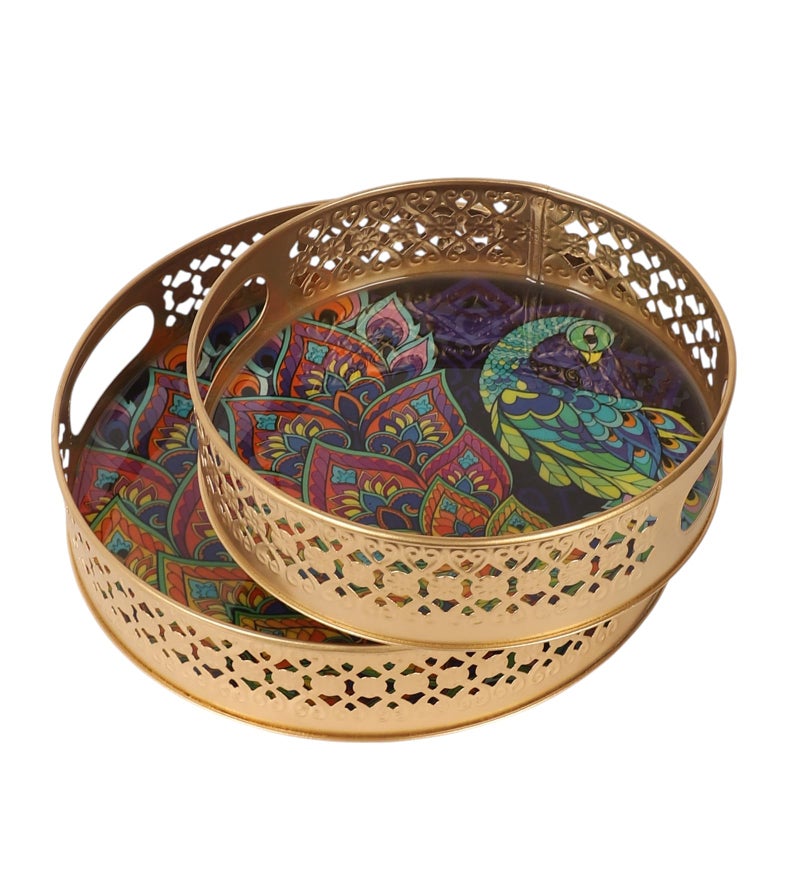 Two Moustaches Ethnic Indian Peacock Design Serving Trays Set (8 Inches & 10 Inches), Plates for Home, Platters for Tea/Coffee/Fruits/Snacks,Decorative Pichwai Tray for Diwali, Multicolored- Pack of 2 - Image 2