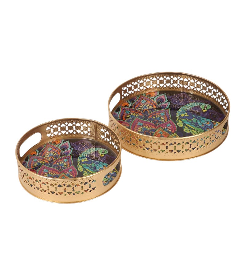 Two Moustaches Ethnic Indian Peacock Design Serving Trays Set (8 Inches & 10 Inches), Plates for Home, Platters for Tea/Coffee/Fruits/Snacks,Decorative Pichwai Tray for Diwali, Multicolored- Pack of 2 - Image 4