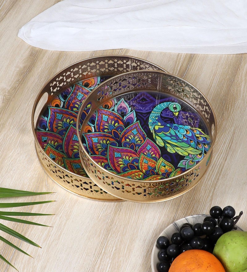Two Moustaches Ethnic Indian Peacock Design Serving Trays Set (8 Inches & 10 Inches), Plates for Home, Platters for Tea/Coffee/Fruits/Snacks,Decorative Pichwai Tray for Diwali, Multicolored- Pack of 2 - Image 1