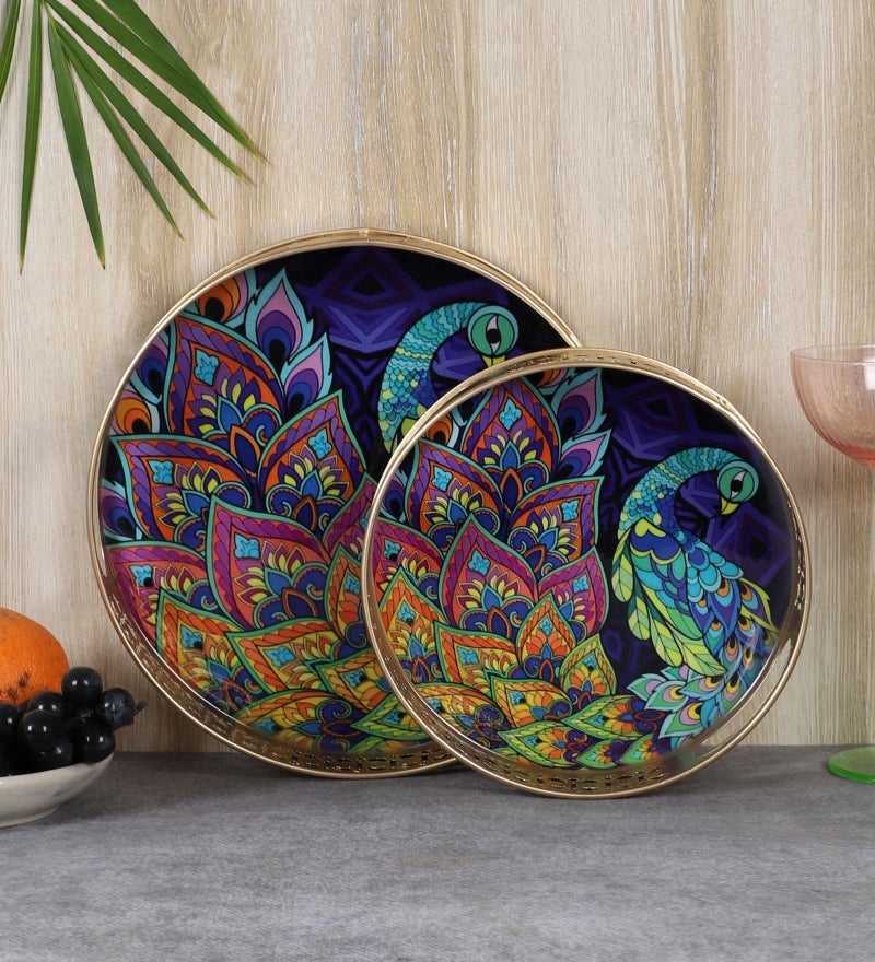 Two Moustaches Ethnic Indian Peacock Design Serving Trays Set (8 Inches & 10 Inches), Plates for Home, Platters for Tea/Coffee/Fruits/Snacks,Decorative Pichwai Tray for Diwali, Multicolored- Pack of 2 - Image 3