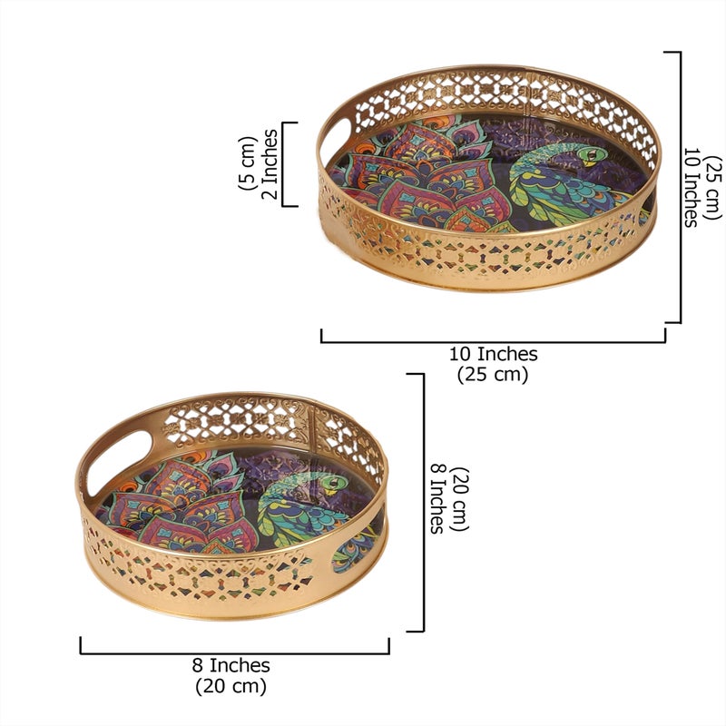 Two Moustaches Ethnic Indian Peacock Design Serving Trays Set (8 Inches & 10 Inches), Plates for Home, Platters for Tea/Coffee/Fruits/Snacks,Decorative Pichwai Tray for Diwali, Multicolored- Pack of 2 - Image 5