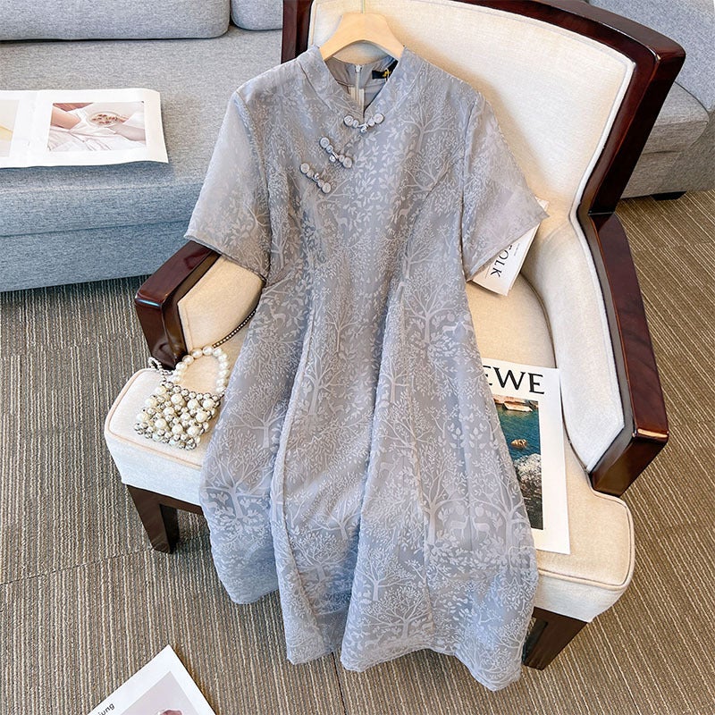 Plus Size Qipao Dress Modern Young Design 2024 Grey (48 hours delivery) 