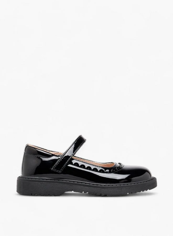 Girls Scalloped Detail Mary Jane School Shoes with Hook and Loop Closure