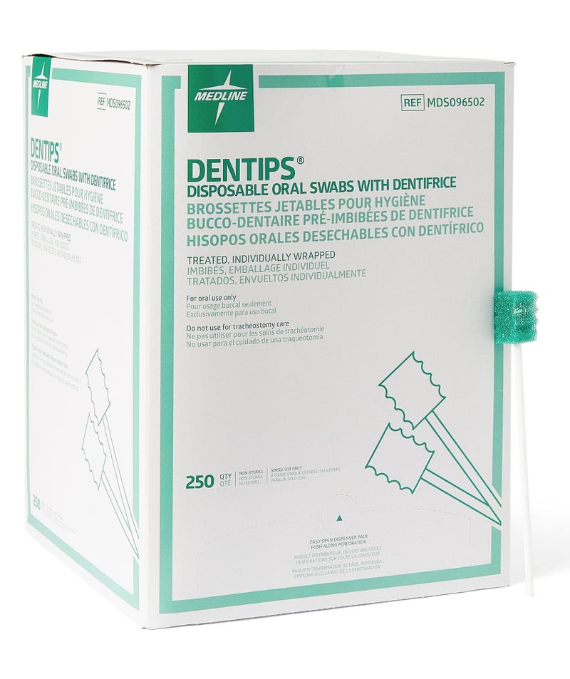 Medline Dentips Disposable Oral Swabsticks, Adult Mint Dentifrice-Treated, Green, 250 Count - Image 1