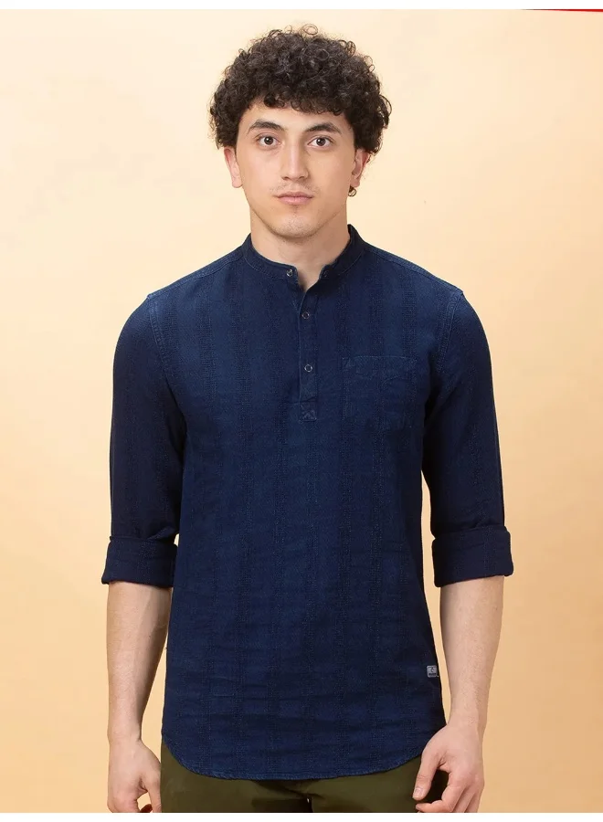 بيينغ هيومان Mens Dark Navy Collared Long Sleeve Kurta Shirt