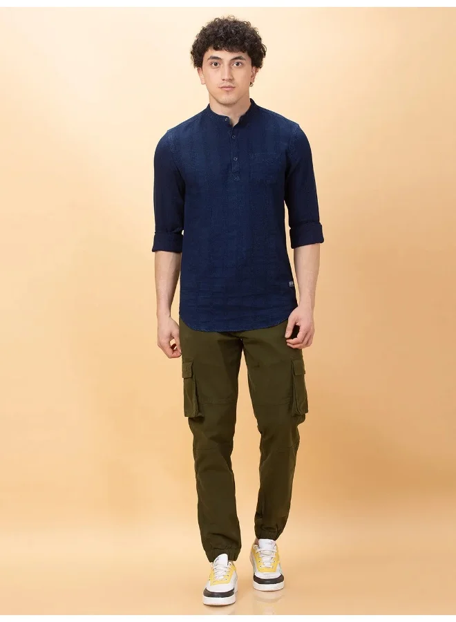 بيينغ هيومان Mens Dark Navy Collared Long Sleeve Kurta Shirt