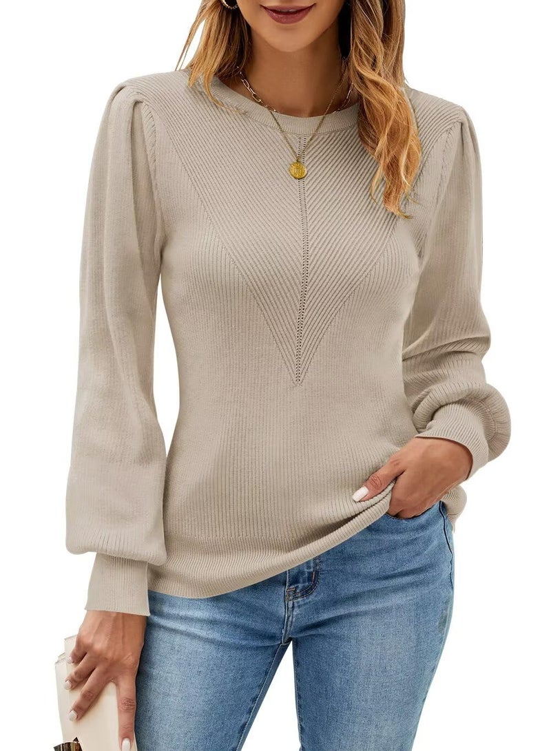 FEKOAFE Women Crew Neck Pullover Sweater Trendy Puff Sleeve Slim Fit Tops Pullover Sweaters Apricot L - Image 1